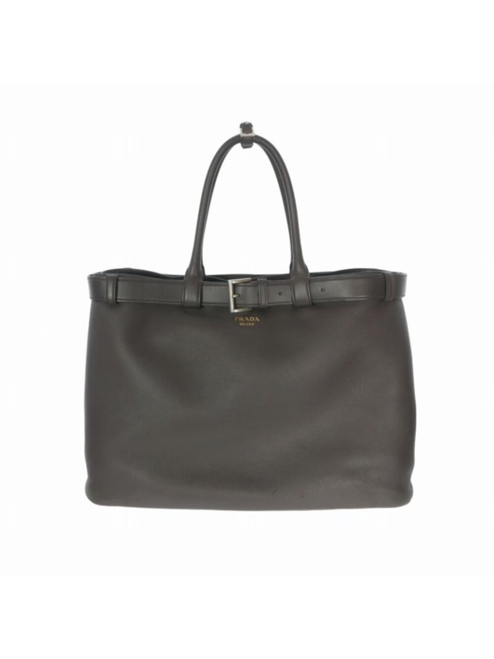 Prada Belt Buckle Leather Tote Bag Dark Brown